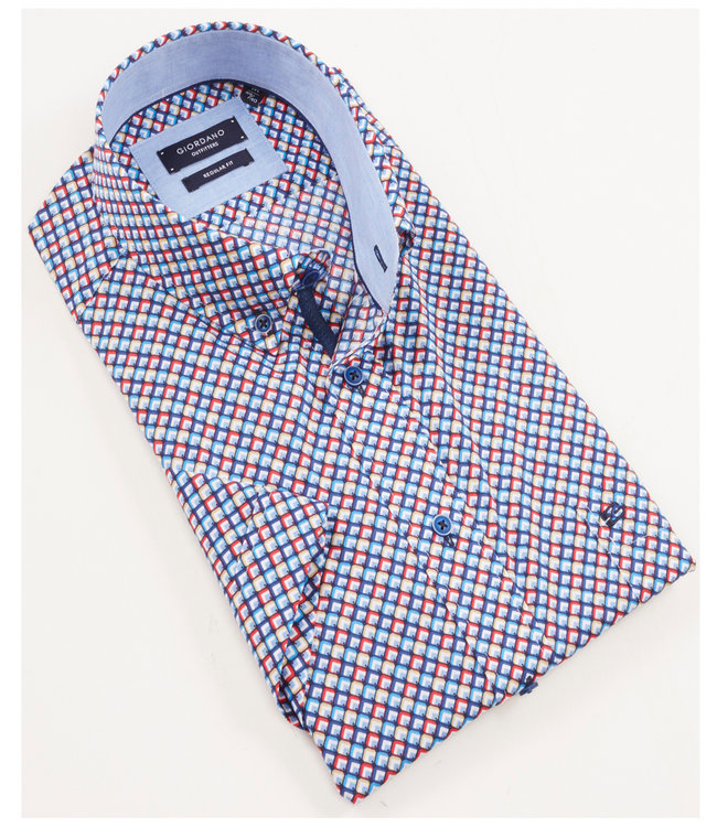 heren overhemd korte mouw ruit print beige-rood-lichtblauw-donkerblauw met donkerblauwe knopen en borstzak 100 procent katoen