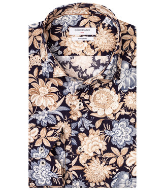 donkerblauw met beige-bruin-lichtblauw grote bloemenprint