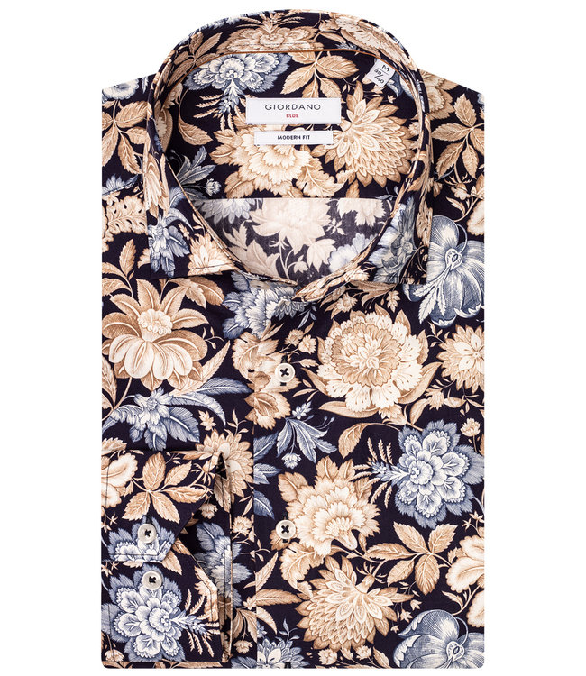 heren overhemd donkerblauw met beige-bruin-lichtblauw grote bloemenprint 1knoops wide spread 100 procent katoen