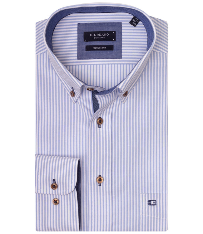 heren overhemd blauw-wit oxford streepje met bruine knopen 1knoops button down met borstzak 100 procent katoen