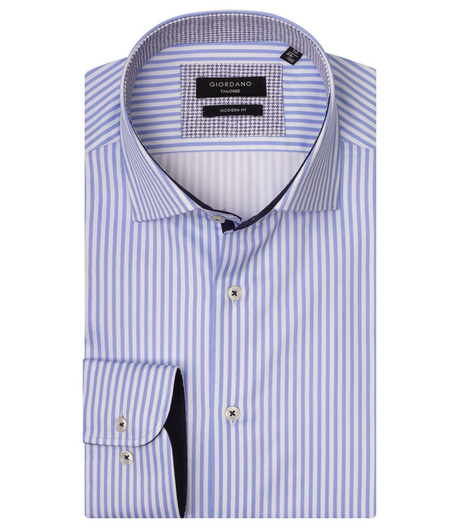 heren overhemd modern fit lichtblauw-wit fijn streepje 1knoops wide spread 100 procent katoen