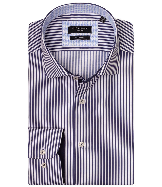 heren overhemd modern fit donkerblauw-wit fijn streepje 1knoops wide spread 100 procent katoen