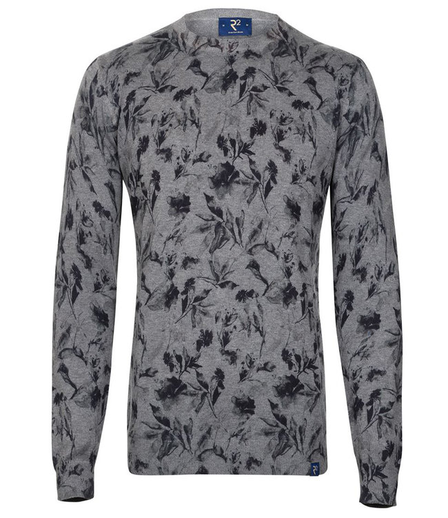 grijze ronde hals heren trui met zwarte bloemenprint 100 procent katoen
