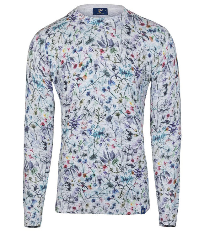 lichtgrijs ronde hals heren trui met tutti colori bloemenprint 100 procent katoen