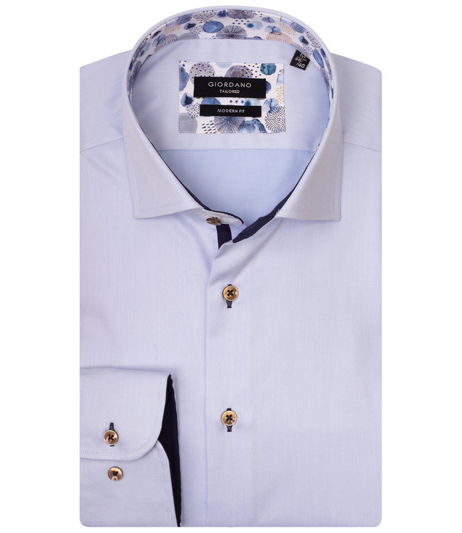 heren overhemd lichtblauw met bollen print aan de binnenkant van de boord en manchetten met bruine knopen 100 procent katoen