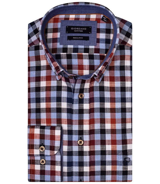 heren overhemd lange mouw donkerblauw-rood-lichtblauw-wit ruitje met bruine knopen 1knoops button down met borstzak 100 procent katoen