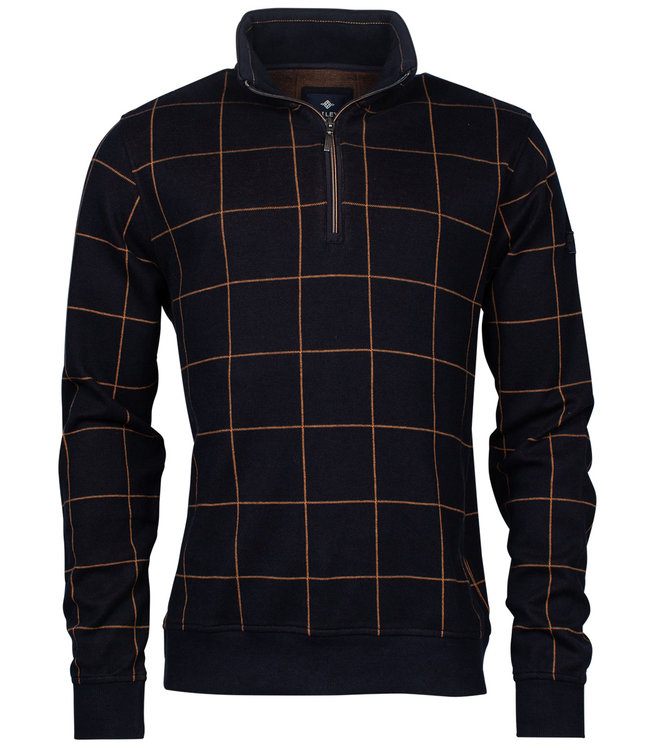 heren sweater donkerblauw met bruin grote ruit met donkerblauw ritsje 100 procent katoen full jacquard