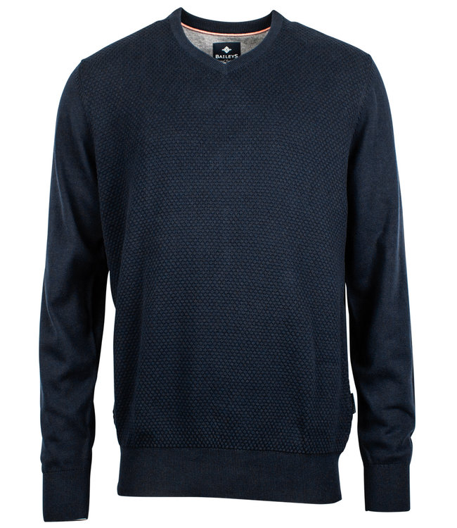 donkerblauw katoenen v-hals heren trui met structuur 100 procent katoen 12gg, structure knit front panel