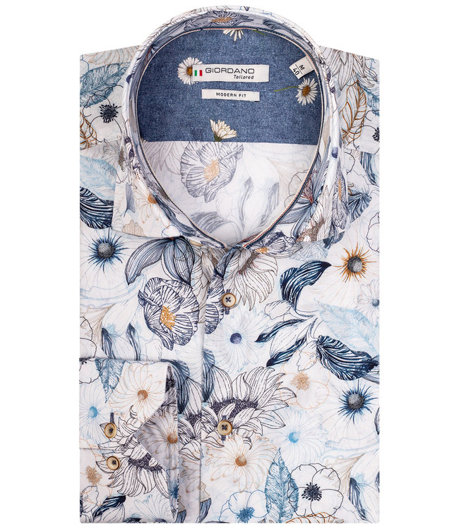 107825-61 heren overhemd wit met beige blauw donkerblauw bloemenprint met bruine knopen 1knoops wide spread 100 procent katoen