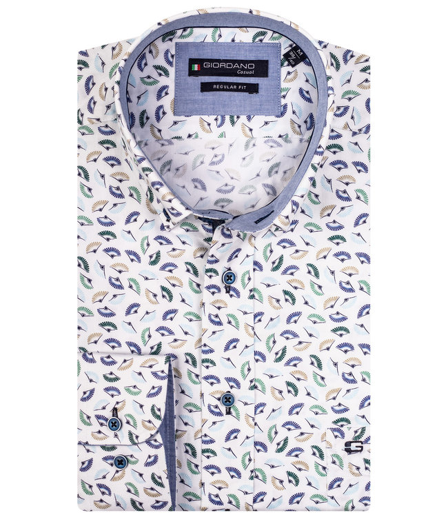 107012-70 heren overhemd wit met beige-groen-donkerblauw-lichtblauw waaier print 1knoops button down met donkerblauwe knopen en borstzak 100 procent katoen