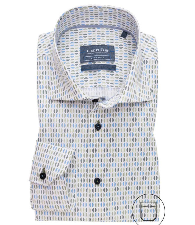 heren overhemd wit met blauw-groen-donkergroen grafische rondjes print met donkerblauwe knopen 1knoops wide spread met borstzak 100 procent katoen