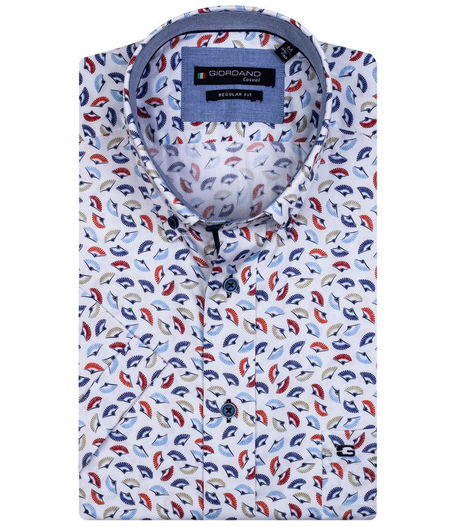 106012-30 heren overhemd korte mouw wit met blauw-lichtblauw-beige-rood waaier print 1knoops button down met borstzak 100 procent katoen