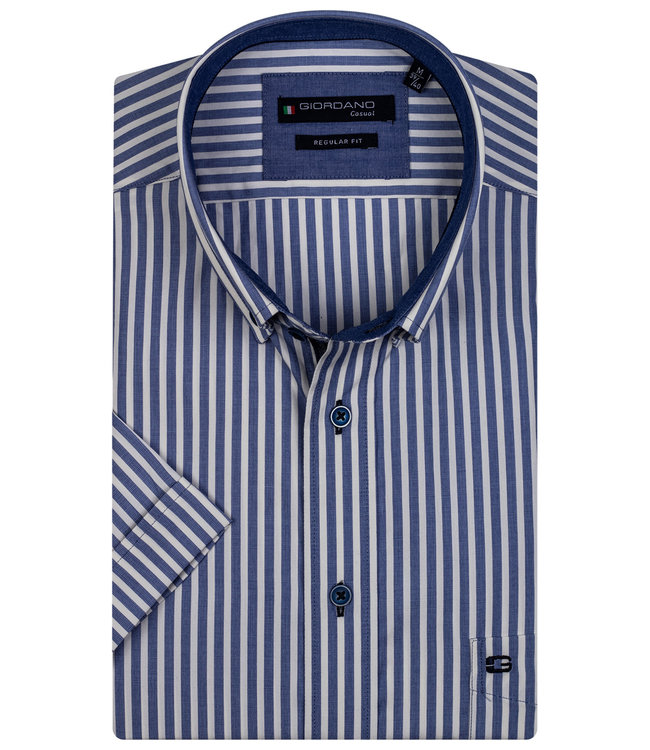 106107-20 heren overhemd korte mouw blauw-geel streep 1knoops button down met borstzak 100 procent katoen