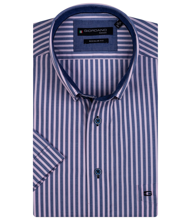 106107-50 heren overhemd korte mouw blauw-roze streep 1knoops button down met borstzak 100 procent katoen