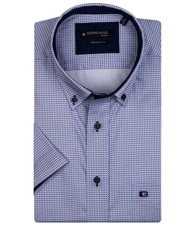 106003-42 heren overhemd korte mouw wit-paars-lichtblauw printje 1knoops button down met borstzak met donkerblauw knopen 100 procent katoen