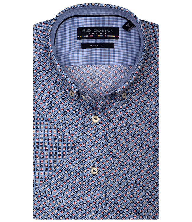 Giordano Regular Fit blauw met rood-donkerblauw-beige vierkantjes print