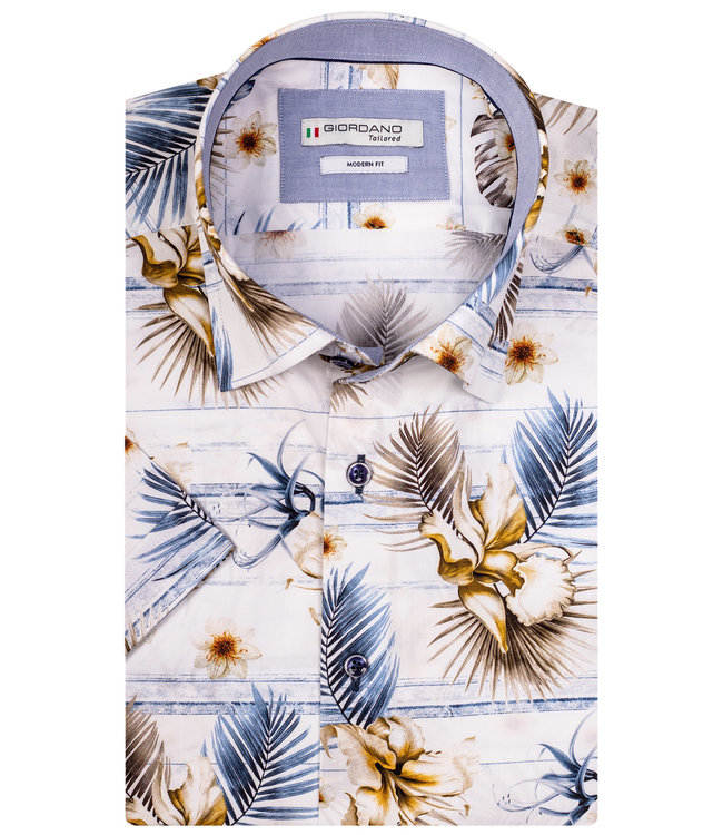 Het eens zijn met fusie knecht korte mouw heren overhemd blauw bruin bloemen en planten print -  Shirtsupplier.nl