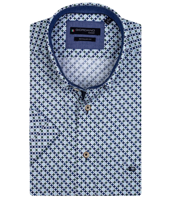106020-70 heren overhemd korte mouw wit met-groen-donkerblauw-aqua blauw print 1knoops button down met borstzak