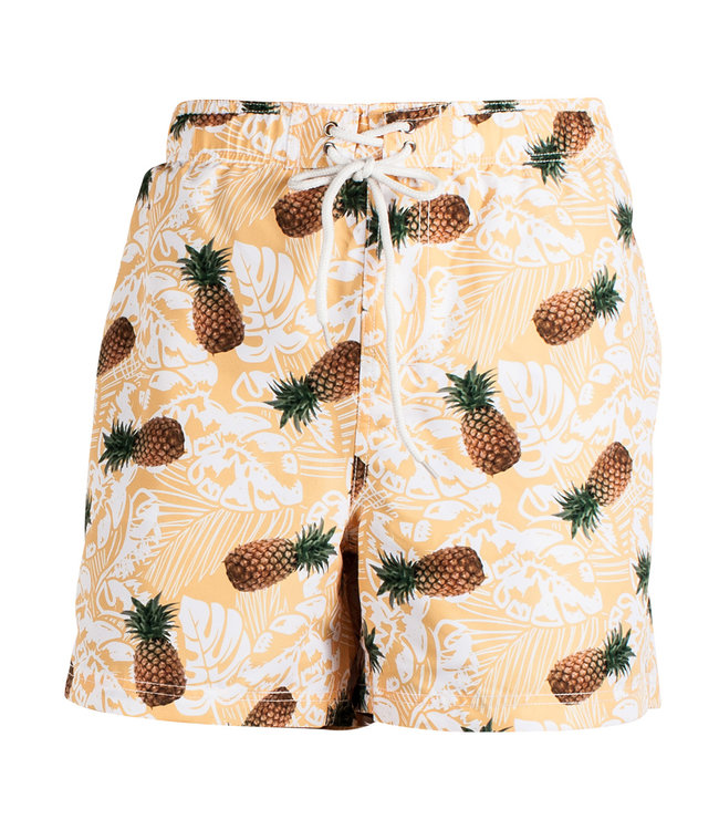 911053-3 heren zwembroek geel-wit bloemen met ananas print dessin 100 procent polyester met binnenbroek