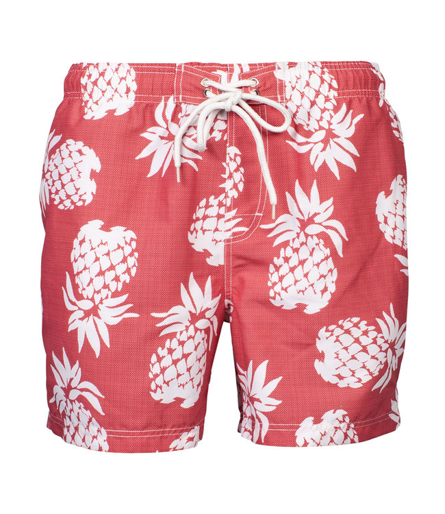 101001-42 heren zwembroek rood met wit grote ananas print 100 procent polyester met binnenbroek