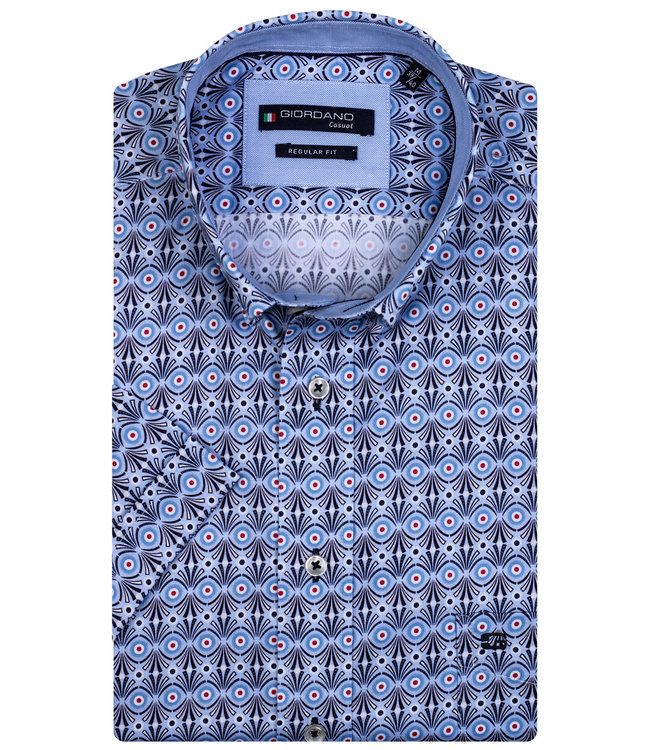 106030-61 heren overhemd korte mouw donkerblauw-kobaltblauw-lichtblauw-rood grafische print 1knoops button down met borstzak