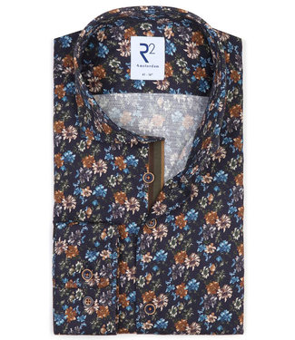 donkerblauw brique-bruin-blauw-groen bloemenprint