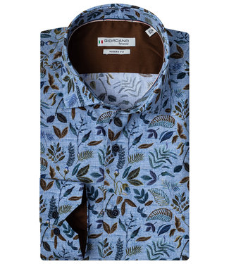 Giordano Tailored overhemd blauw met donkerblauw bruin groen blaadjes print