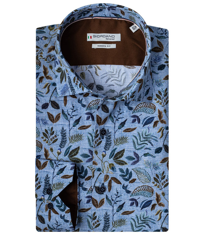 207834-61 giordano overhemd blauw met donkerblauw bruin groen blaadjes print