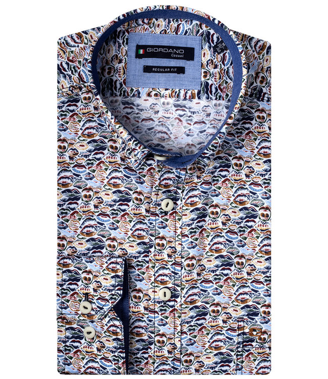 wit beige-bruin-donkerblauw-lichtblauw mondjes print