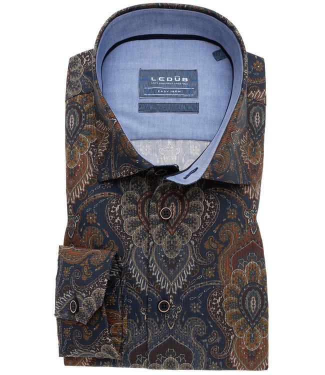 0139399 170 heren overhemd donkerblauw met brique-groen paisley print 1knoops wide spread