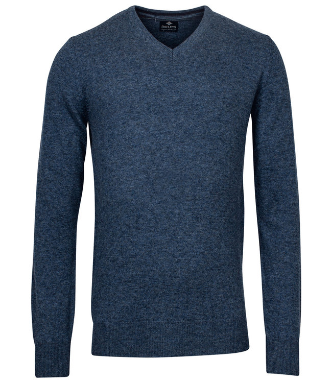 blauw melee v-hals heren trui basis lamswool V-Neck Pullover