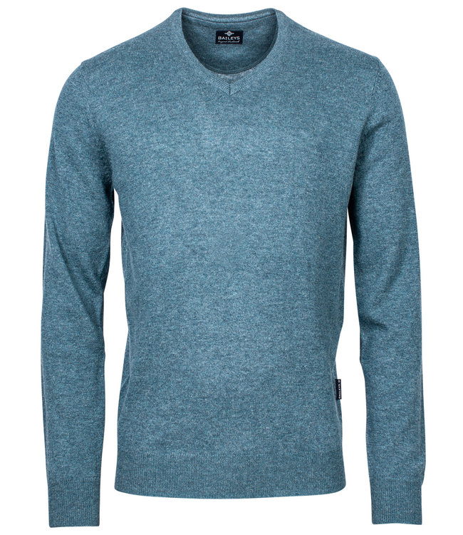 petrol blauw melee v-hals heren trui basis lamswool V-Neck Pullover
