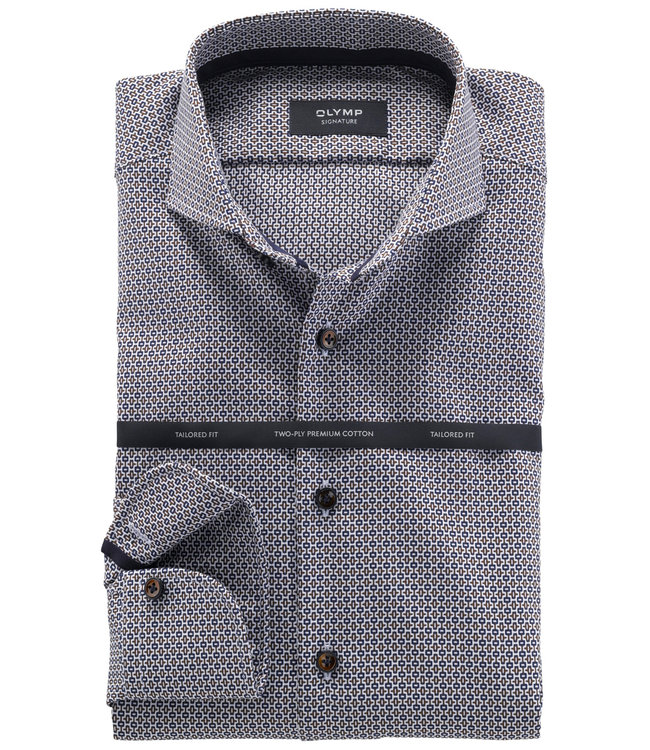Olymp 8543 64 28 strijkvrij overhemd donkerblauw bruin structuur