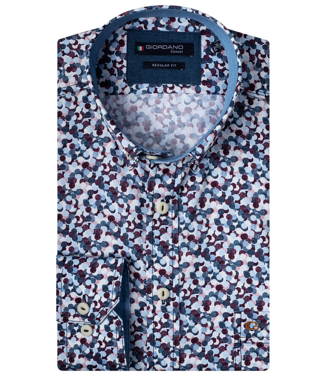 donkerblauw-wit-bordeaux rondjes print