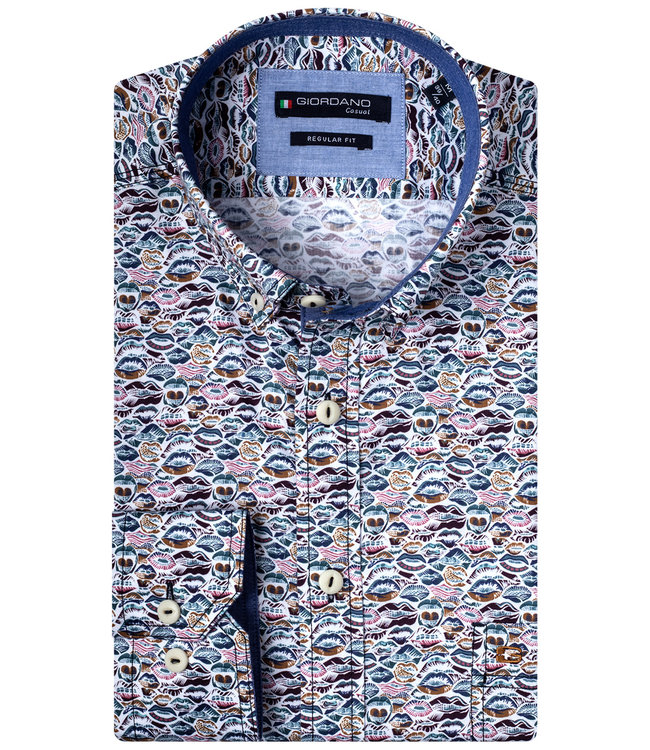 Giordano Regular Fit wit bruin-petrol groen-donkerblauw-lichtblauw mondjes print