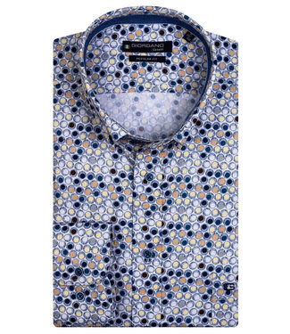 donkerblauw wit geel oranje rondjes print
