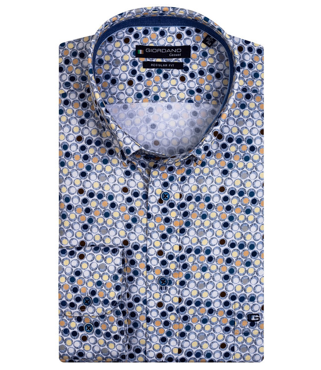 donkerblauw wit geel oranje rondjes print
