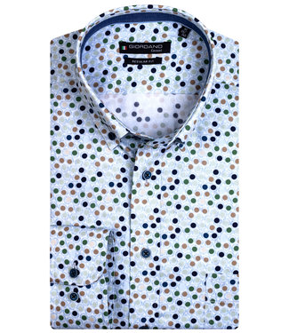 donkerblauw wit bruin groen rondjes print