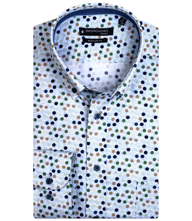 donkerblauw wit bruin groen rondjes print