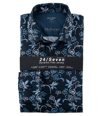 Olymp overhemd donkerblauw met lichtblauw wit bloemenprint