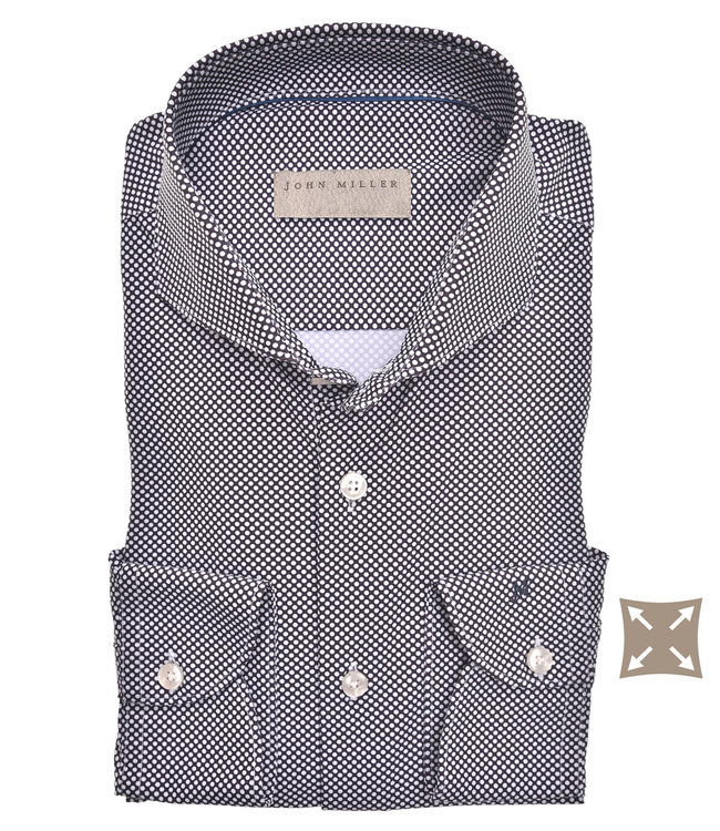 John Miller 5138851 190 donkerblauw wit print heren overhemd hyperstretch