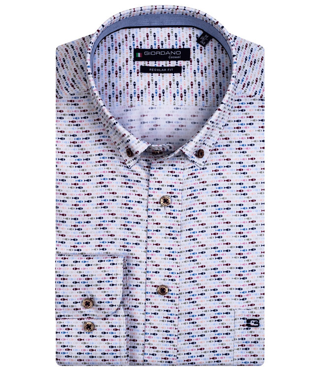 117026-30 Giordano Regular heren overhemd wit met roze-donkerblauw-lichtblauw vissen print