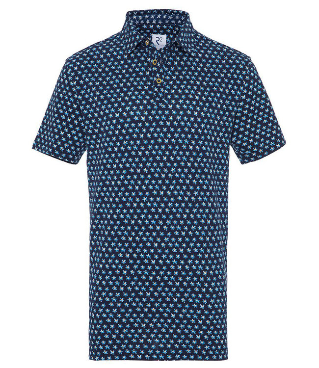 R2 Amsterdam polo donkerblauw met lichtblauw geel bloemen print