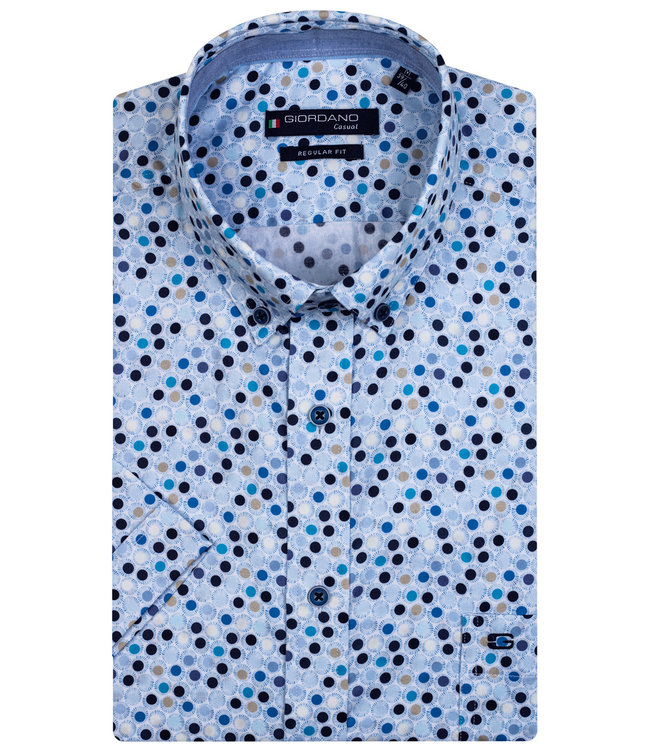 116022-65 korte mouw overhemd donkerblauw wit aqua blauw bruin rondjes print