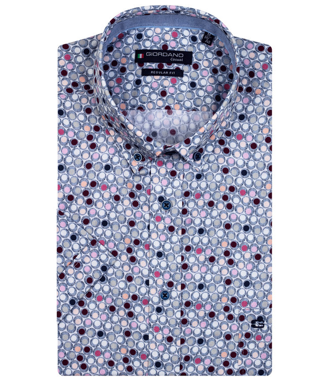 overhemd korte mouw donkerblauw wit roze grijs rondjes print