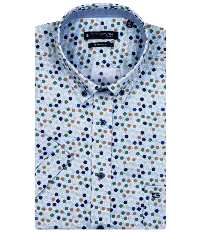 Giordano Regular Fit overhemd korte mouw donkerblauw bruin groen mintgroen rondjes print