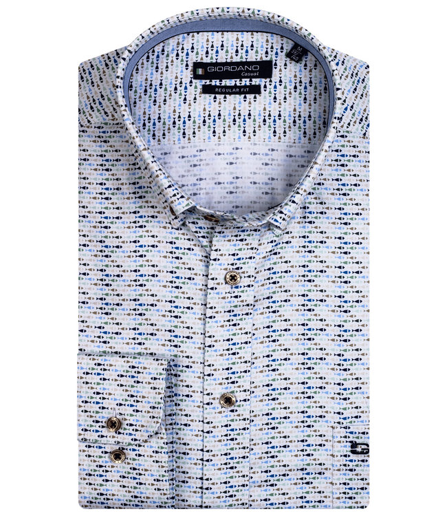 117026-70 Giordano Regular heren overhemd wit met donkerblauw-lichtblauw-beige-groen vissen print