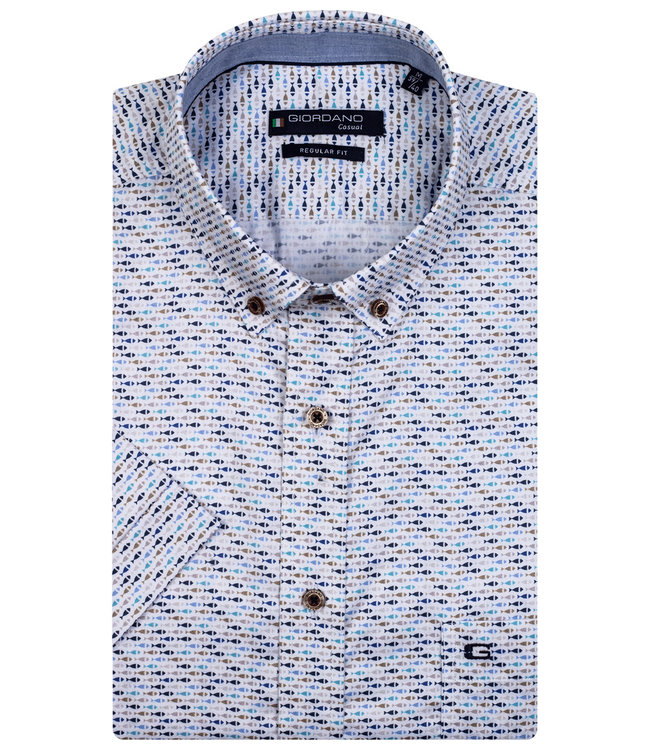 Giordano Regular Fit overhemd korte mouw wit met donkerblauw-lichtblauw-beige vissen print