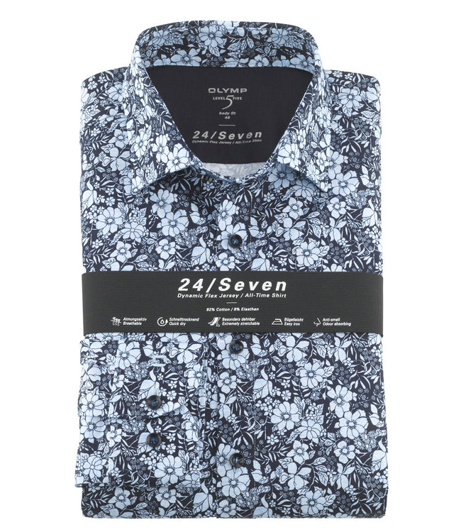 Olymp 2032 74 11 donkerblauw lichtblauw bloemenprint body fit heren overhemd
