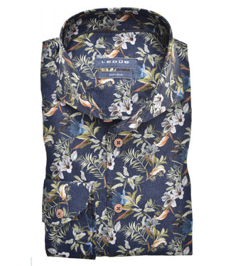 overhemd donkerblauw met groen bruin bloemen print